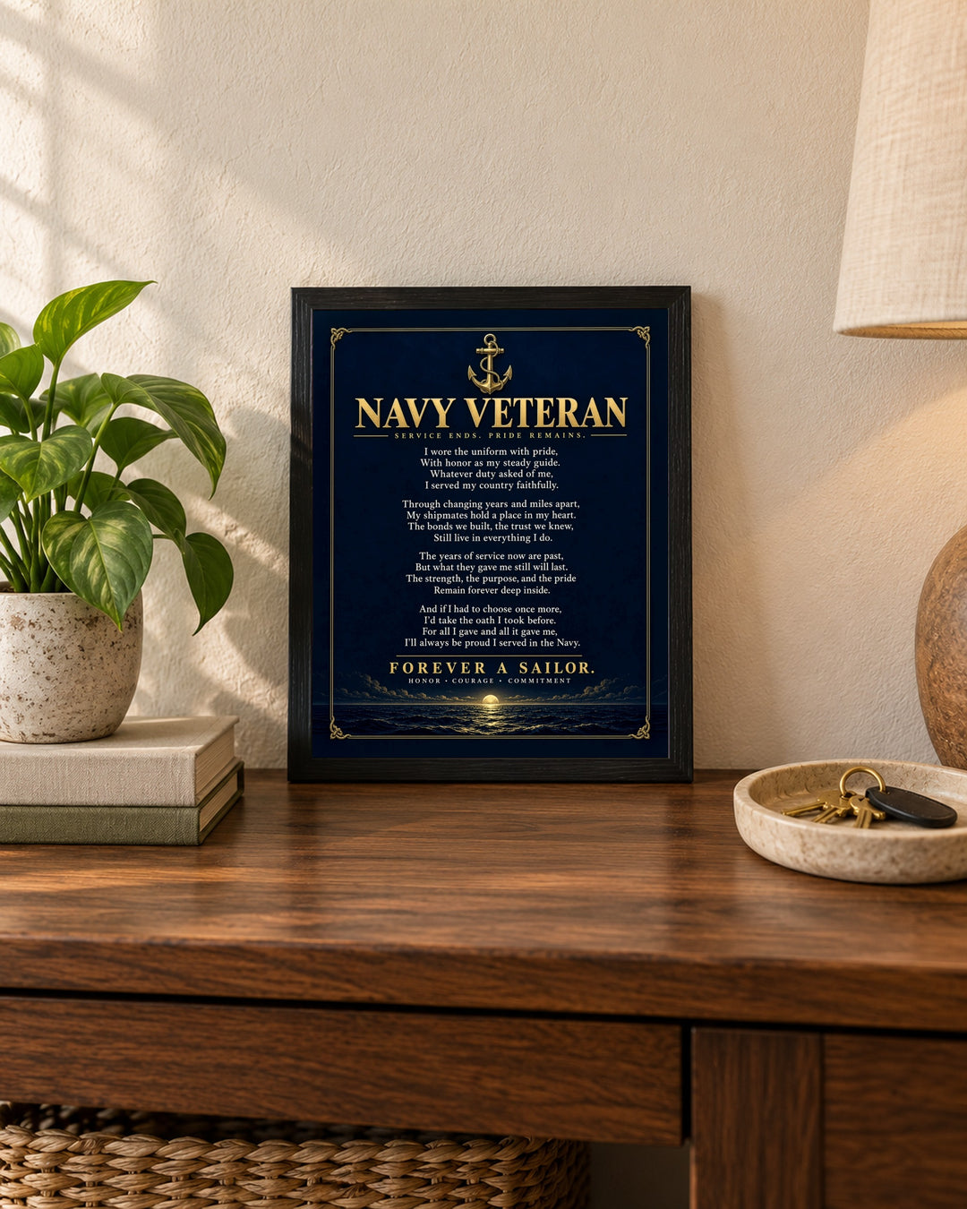 Navy Veteran Forever a Sailor Patriotic wall art, framed, in a entryway setting