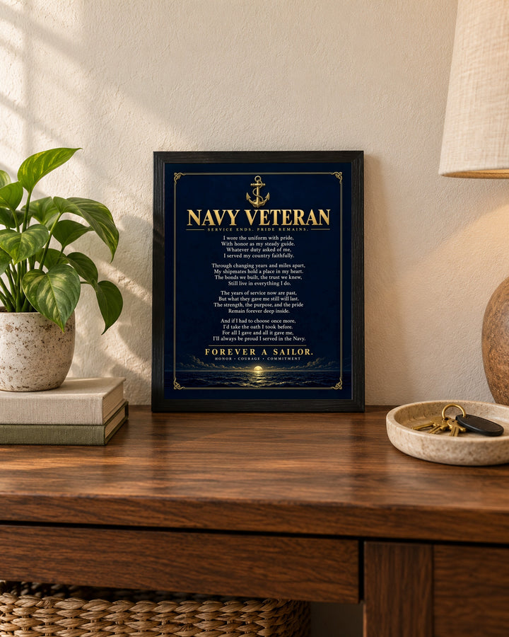 Navy Veteran Forever a Sailor Patriotic wall art, framed, in a entryway setting