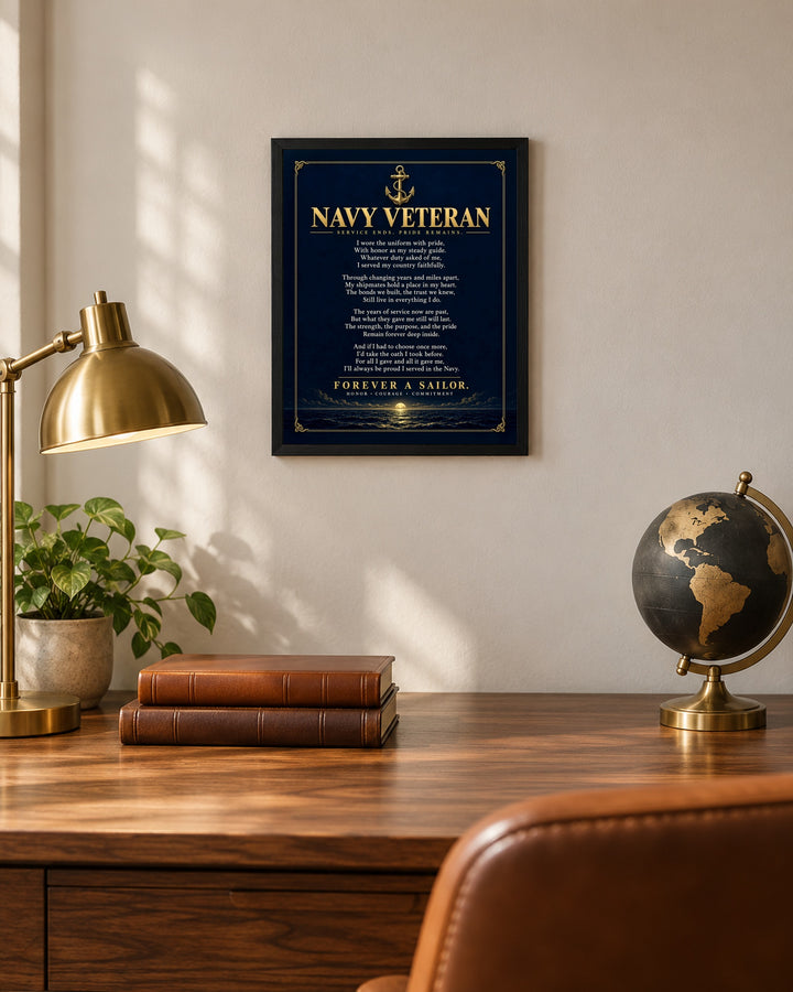 Navy Veteran Forever a Sailor Patriotic wall art, framed, in a home office setting
