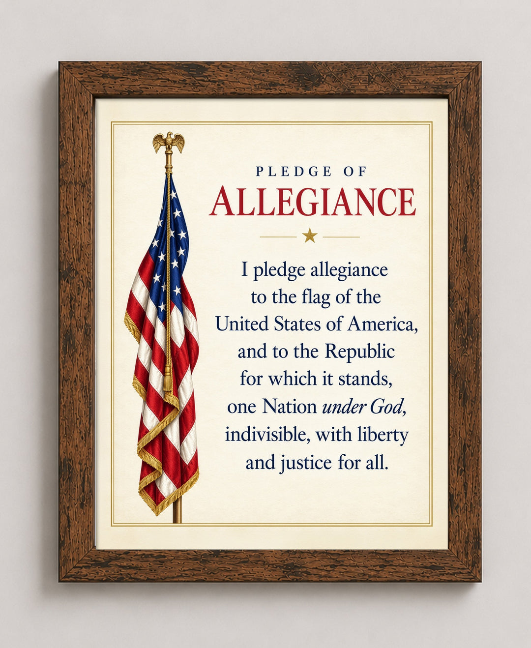 Pledge of Allegiance American Flag Patriotic wall art in a brown frame
