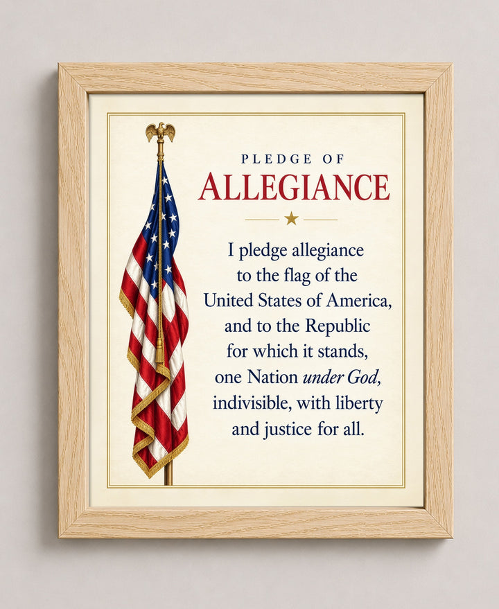 Pledge of Allegiance American Flag Patriotic wall art in a natural frame