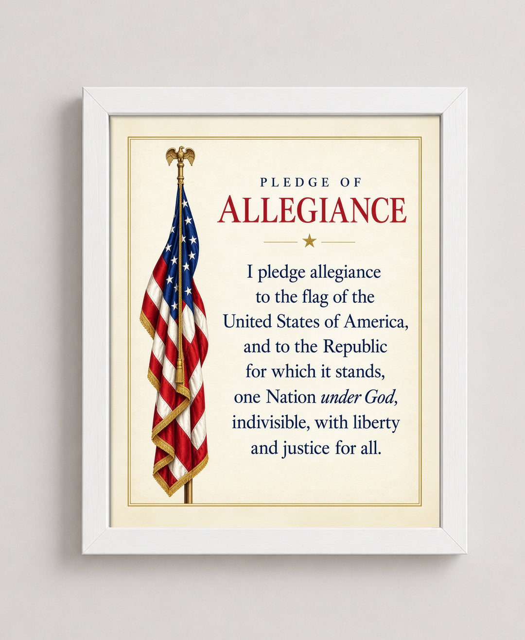 Pledge of Allegiance American Flag Patriotic wall art in a white frame