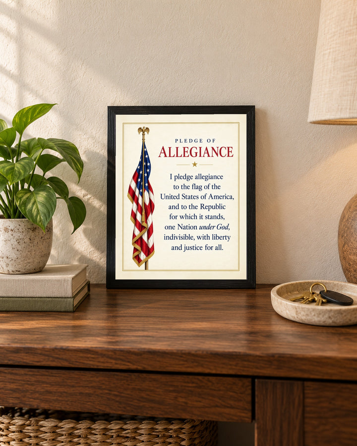 Pledge of Allegiance American Flag Patriotic wall art, framed, in a entryway setting