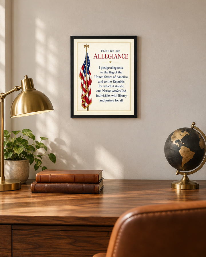 Pledge of Allegiance American Flag Patriotic wall art, framed, in a home office setting