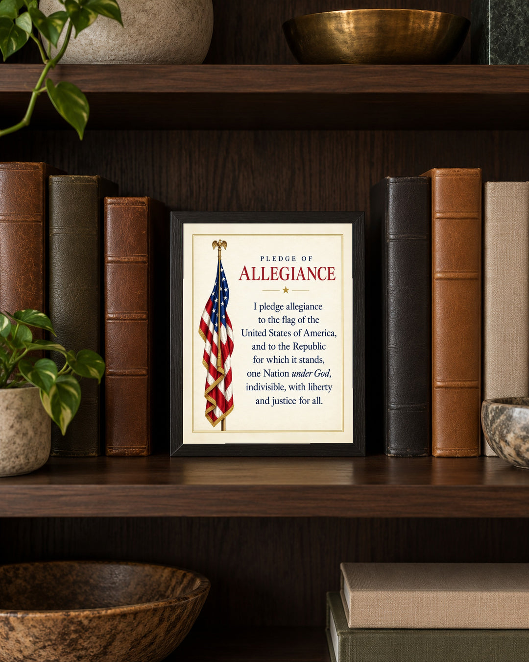 Pledge of Allegiance American Flag Patriotic wall art, framed, in a study shelf setting