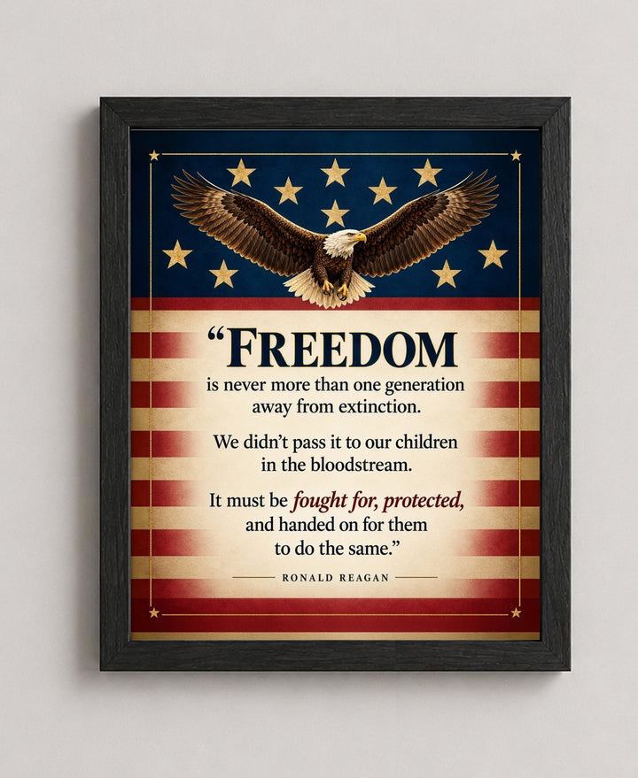 Reagan Freedom Is One Generation Away Patriotic wall art in a black frame