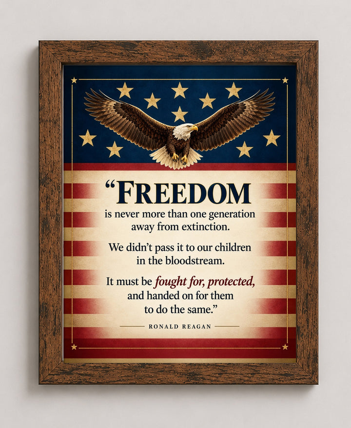 Reagan Freedom Is One Generation Away Patriotic wall art in a brown frame