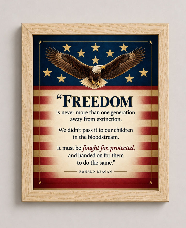 Reagan Freedom Is One Generation Away Patriotic wall art in a natural frame