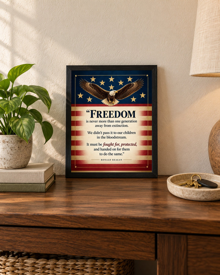 Reagan Freedom Is One Generation Away Patriotic wall art, framed, in a entryway setting