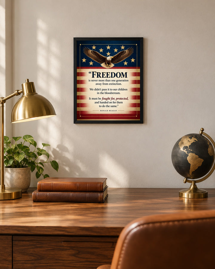 Reagan Freedom Is One Generation Away Patriotic wall art, framed, in a home office setting