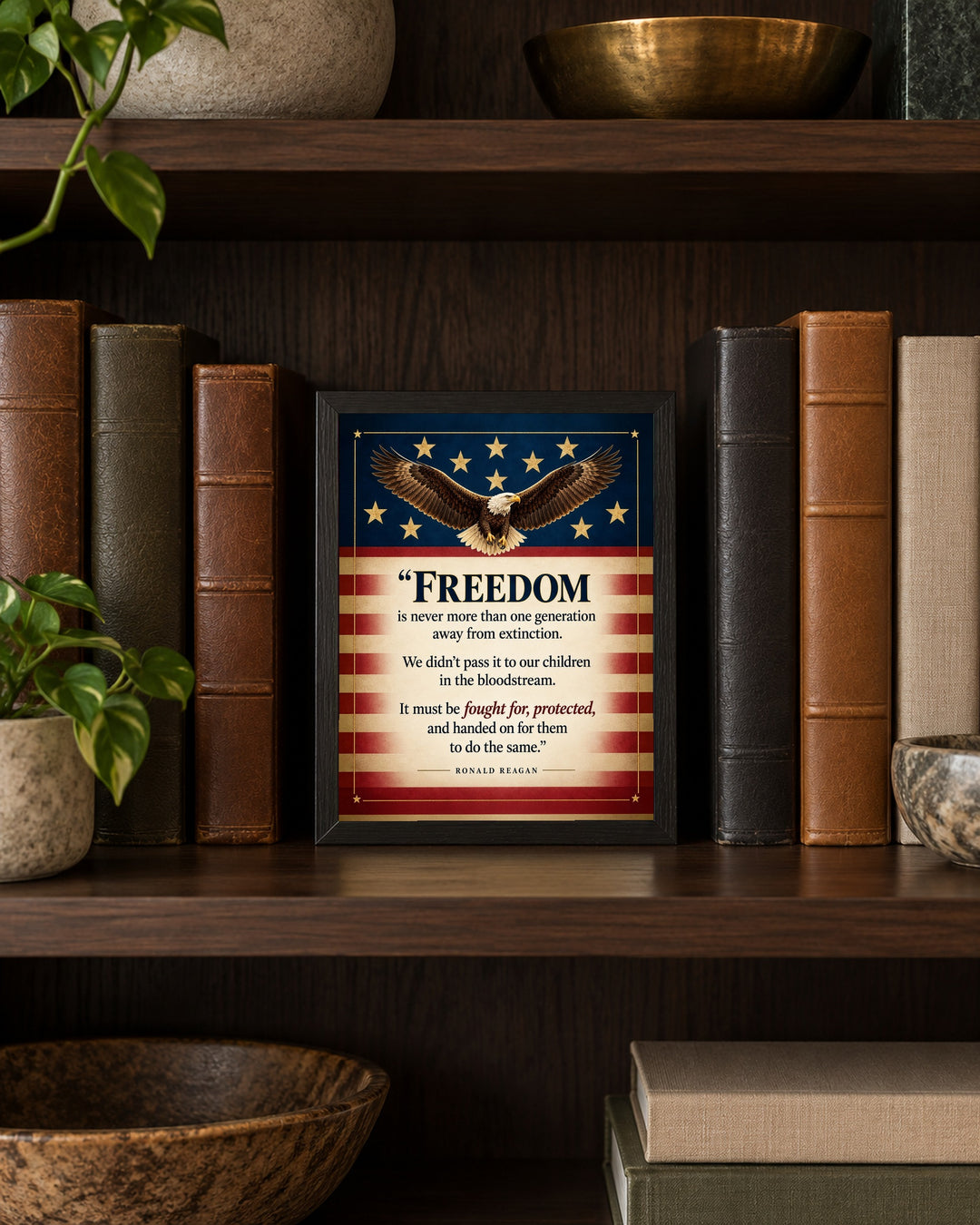 Reagan Freedom Is One Generation Away Patriotic wall art, framed, in a study shelf setting