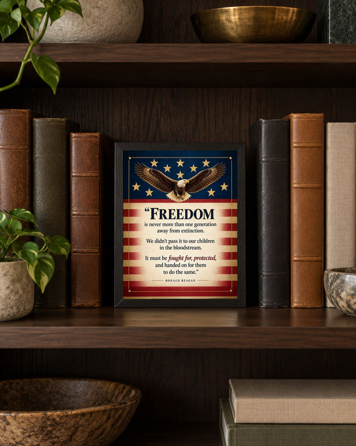 Reagan Freedom Is One Generation Away Patriotic wall art, framed, in a study shelf setting