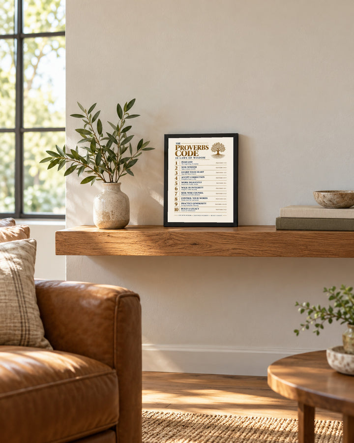 The Proverbs Code Christian, Beige wall art, framed, in a entry shelf setting