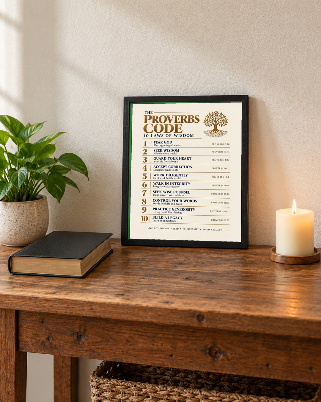 The Proverbs Code Christian, Beige wall art, framed, in a living room console setting