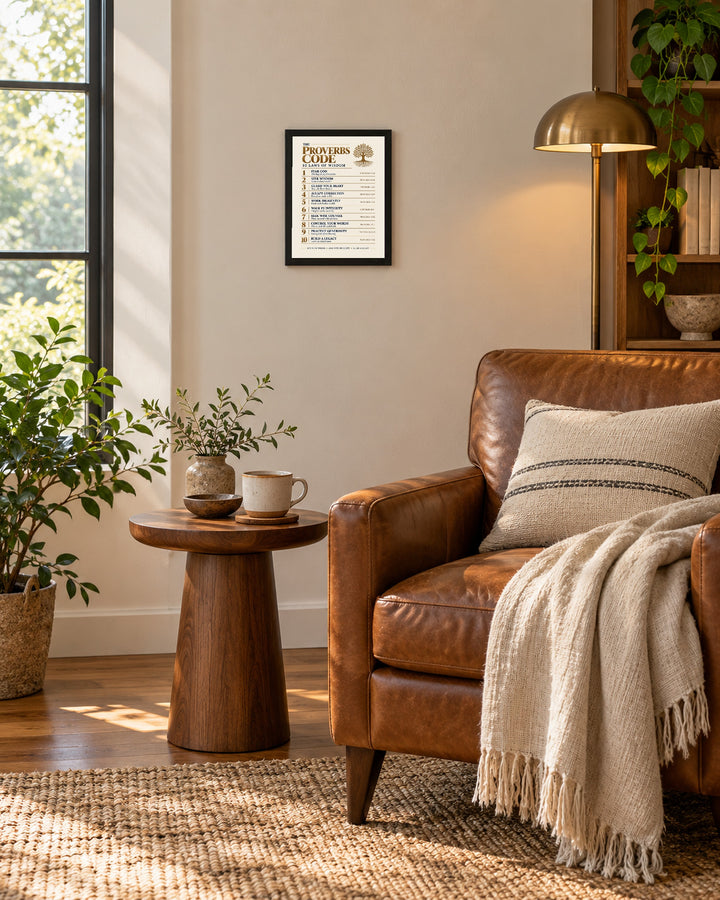 The Proverbs Code Christian, Beige wall art, framed, in a reading nook setting