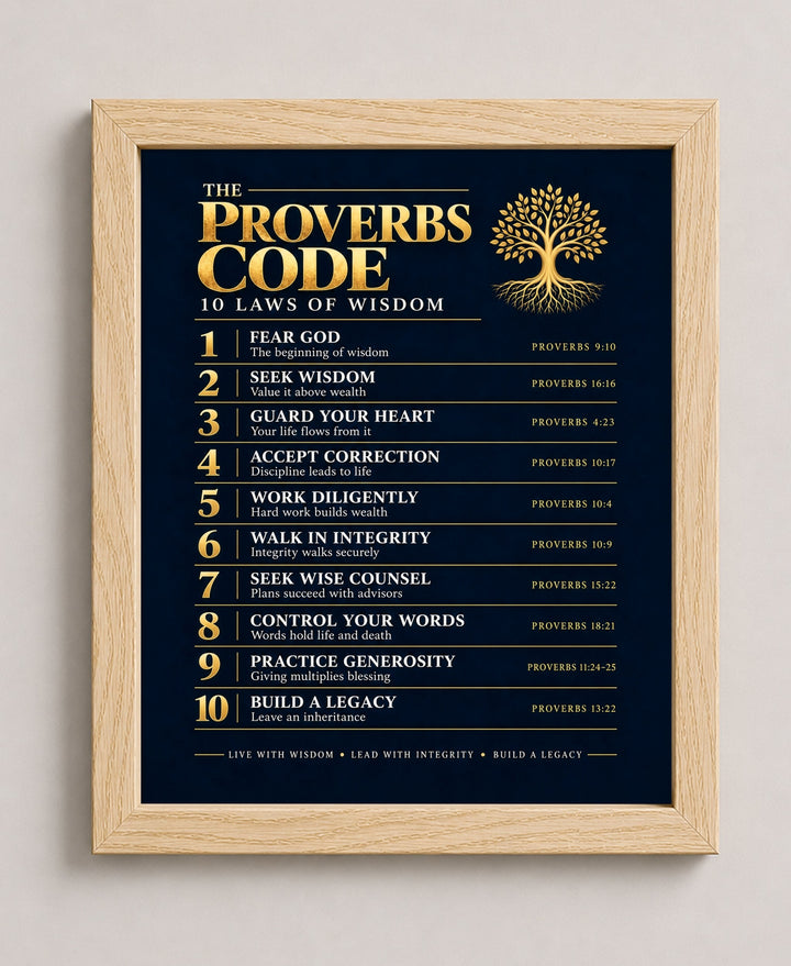 The Proverbs Code Christian, Navy wall art in a natural frame