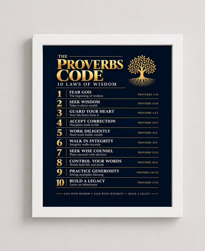 The Proverbs Code Christian, Navy wall art in a white frame