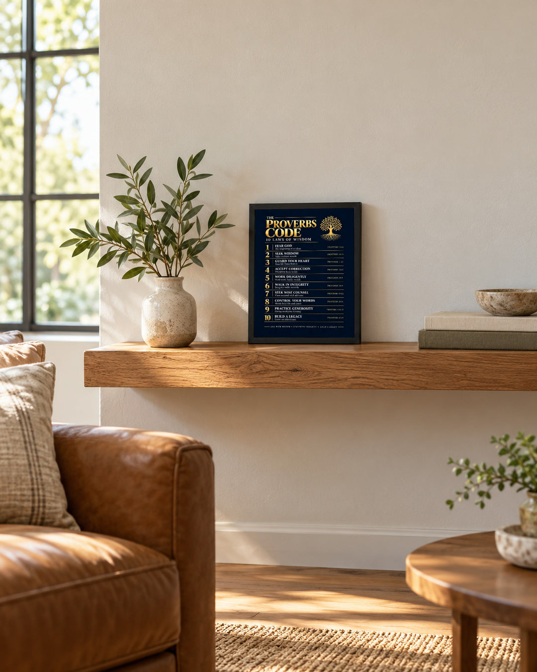 The Proverbs Code Christian, Navy wall art, framed, in a entry shelf setting