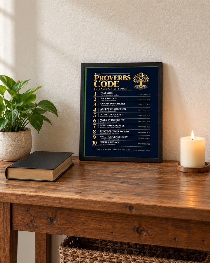 The Proverbs Code Christian, Navy wall art, framed, in a living room console setting