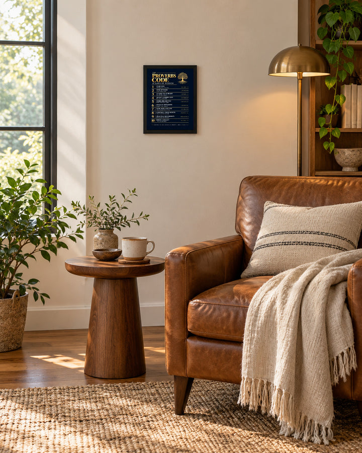 The Proverbs Code Christian, Navy wall art, framed, in a reading nook setting