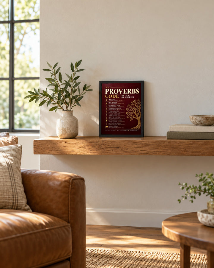 The Proverbs Code Christian, Red wall art, framed, in a entry shelf setting