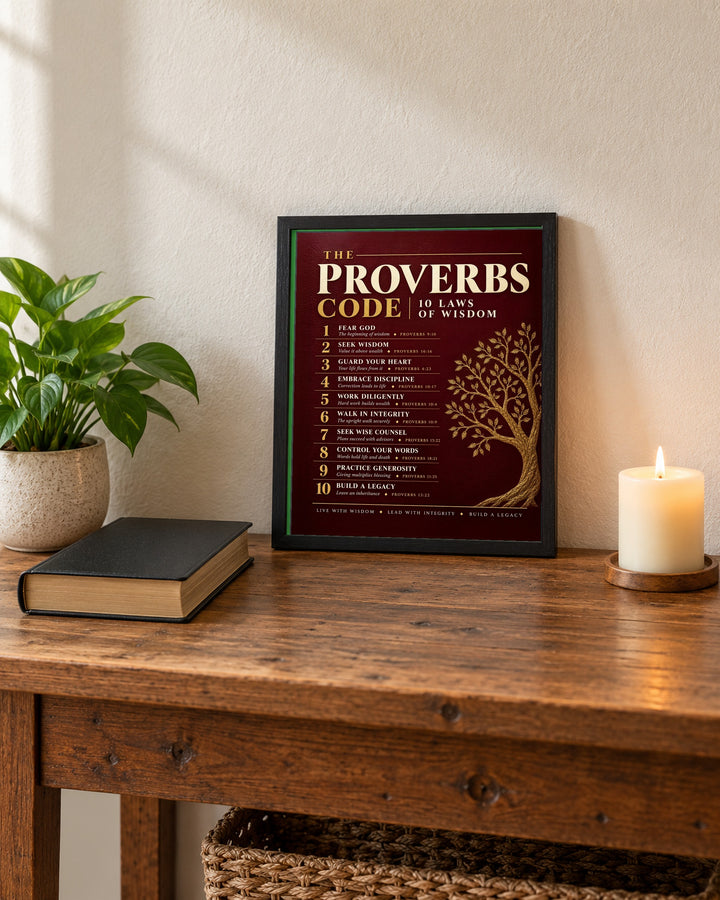 The Proverbs Code Christian, Red wall art, framed, in a living room console setting
