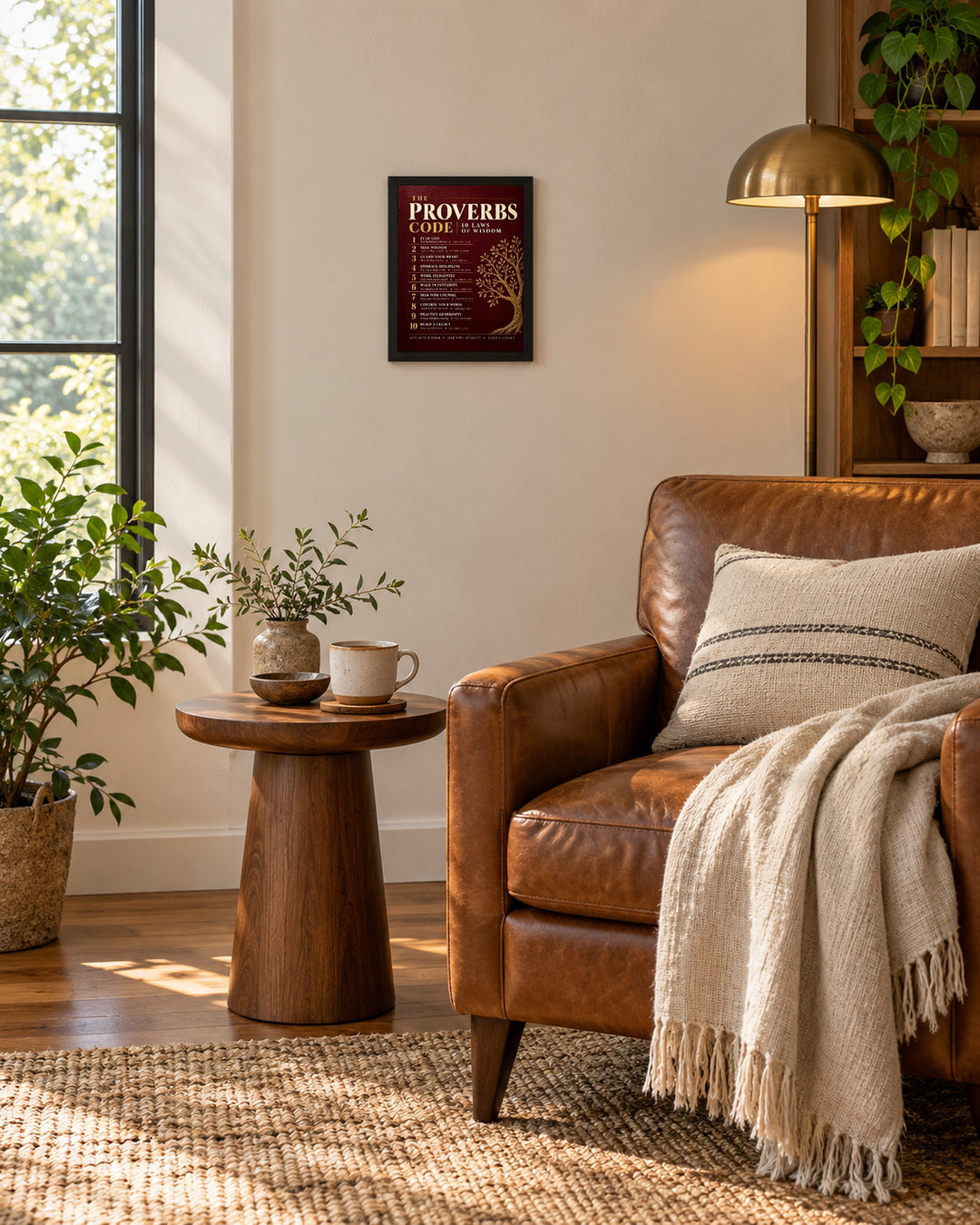 The Proverbs Code Christian, Red wall art, framed, in a reading nook setting