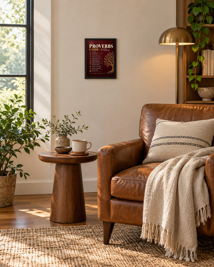 The Proverbs Code Christian, Red wall art, framed, in a reading nook setting