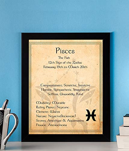 Pisces-The Fish- Zodiac Sign Wall Art. 8 x 10" Print Wall Print-Ready to Frame. Constellation Design-Astrology Decor for Home-Office-Bedroom. Horoscope's Adjectives-Primary Elements. Great Gift!