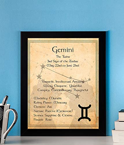 Gemini- The Twins- Zodiac Sign Wall Art. 8 x 10" Print Wall Print-Ready to Frame. Constellation Design-Astrology Decor for Home-Office-Bedroom. Horoscope's Adjectives-Primary Elements. Great Gift!