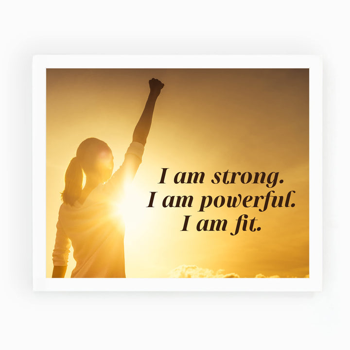 I Am Strong, Powerful, &amp; Fit Motivational Quotes Wall Art -10x8" Exercise &amp; Fitness Sunset Print -Ready to Frame. Inspirational Decor for Home-Office-School-Gym-Studio. Great Gift for Motivation!