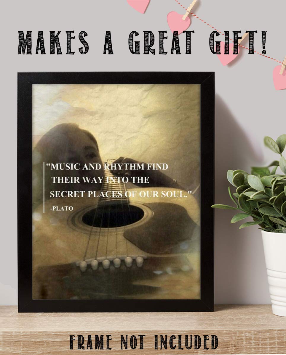 Plato Music Quotes Wall Art- 8 x 10" Wall Print-"Music &amp; Rhythm Find Their Way Into Our Secret Soul" Guitar Art-Ready to Frame. Home, Class &amp; Office D?cor. Perfect Gift for Inspiration &amp; Philosophy.