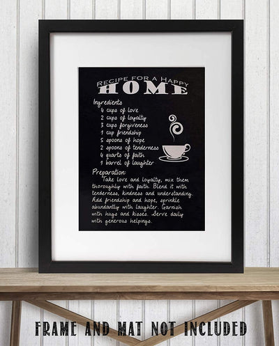 Recipe For Happy Home- Family Wall Art Sign- 8 x 10"- Replica Sign Print- Ready to Frame. Fun Home-Kitchen-Family Room Decor. Mix All the Ingredients-Love-Faith-Laughter. Perfect Housewarming Gift.