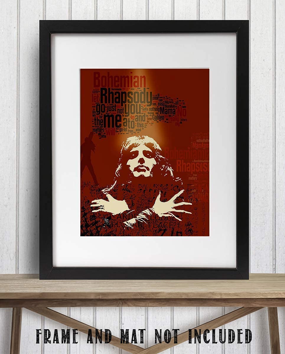 Freddie Mercury-"Bohemian Rhapsody" Abstract Word Art Print- 8 x 10 Wall Print- Ready To Frame- Queens Classic Song Poster. Home Decor-Studio-Bar-Man Cave Decor. Perfect Gift For All Rock Music Lovers