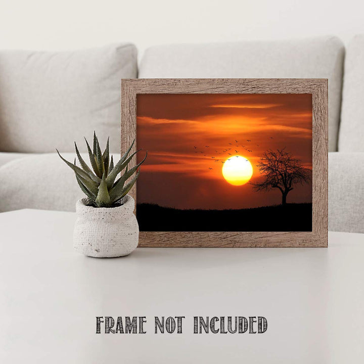 Sunset on African Plains- 8 x 10"- Print Wall Art- Ready to Frame. Home D?cor, Office D?cor &amp; Nursery Decor. Gorgeous Sunset with Tree &amp; Birds on Serengeti. Great Gift for Safari Lovers.