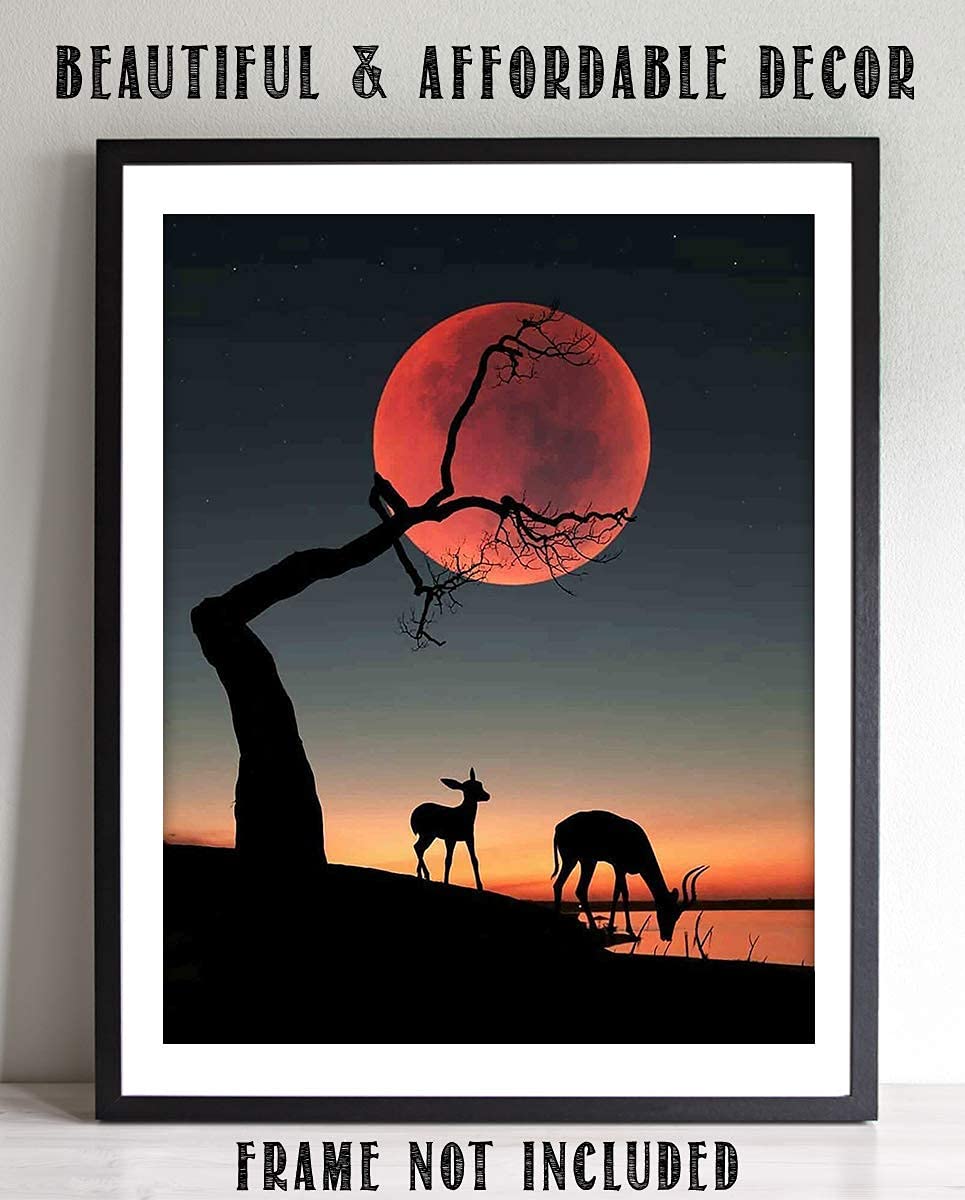 Orange Moon Sunset- 8 x 10"- Print Wall Art- Ready to Frame. Home D?cor, Office D?cor &amp; Nursery Decor. Perfect Evening Sunset with Tree Holding Magical Moon. Great Gift for Nature Art Lovers.