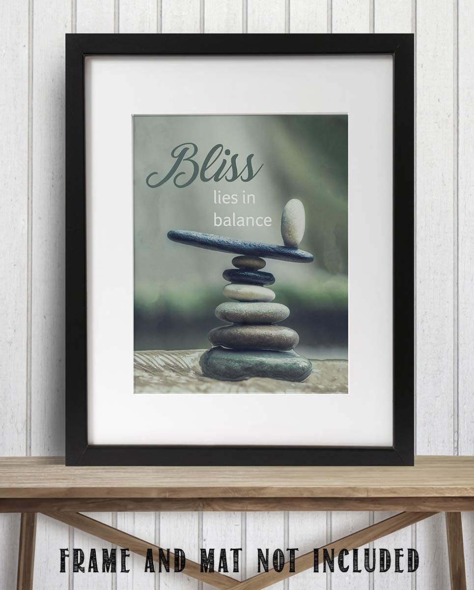 Bliss Lies in Balance- Motivational Wall Art Sign-8 x 10"- Modern Nature Photo-Graphic Print of Stacking Stones- Ready to Frame. Inspirational Home- Office- Classroom Decor. Great Reminder For All.