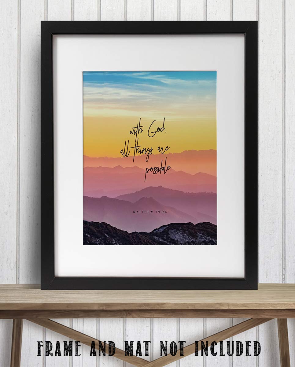 With God, All Things Are Possible- Matthew 19:26. Bible Verse Wall Art- 8x10" Colorful Mountain Range Image-Ready to Frame. Scripture Wall Decor for Home-Office. Great Gift-Inspirational Art Verse.