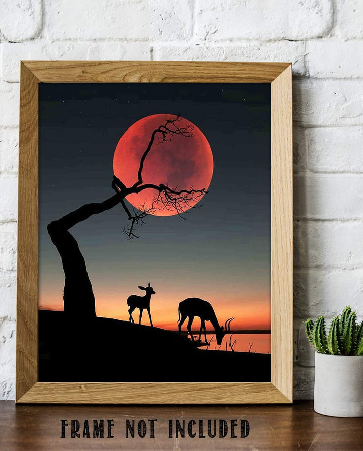 Orange Moon Sunset- 8 x 10"- Print Wall Art- Ready to Frame. Home D?cor, Office D?cor &amp; Nursery Decor. Perfect Evening Sunset with Tree Holding Magical Moon. Great Gift for Nature Art Lovers.