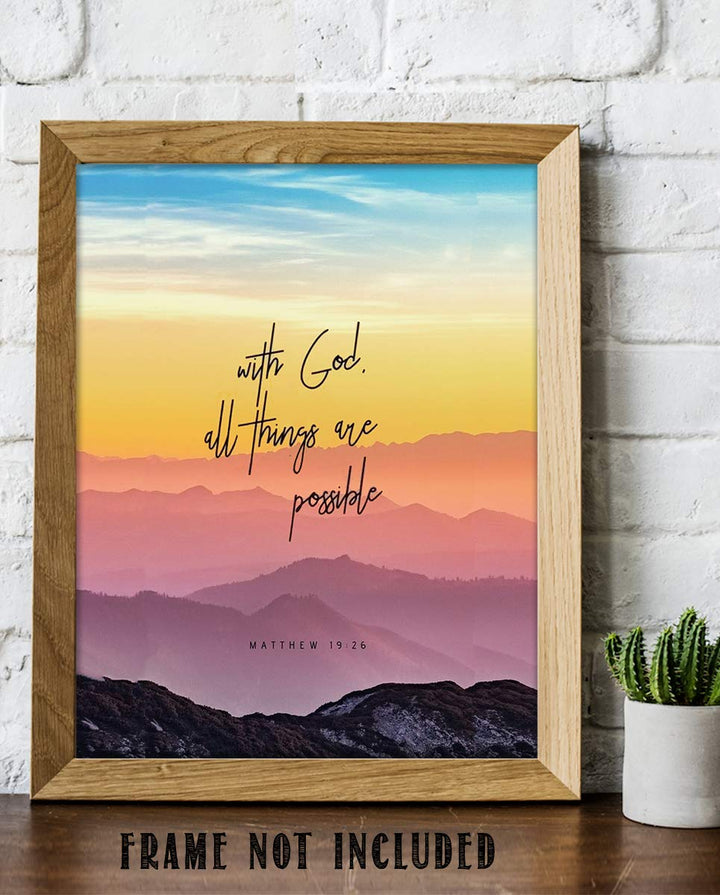 With God, All Things Are Possible- Matthew 19:26. Bible Verse Wall Art- 8x10" Colorful Mountain Range Image-Ready to Frame. Scripture Wall Decor for Home-Office. Great Gift-Inspirational Art Verse.