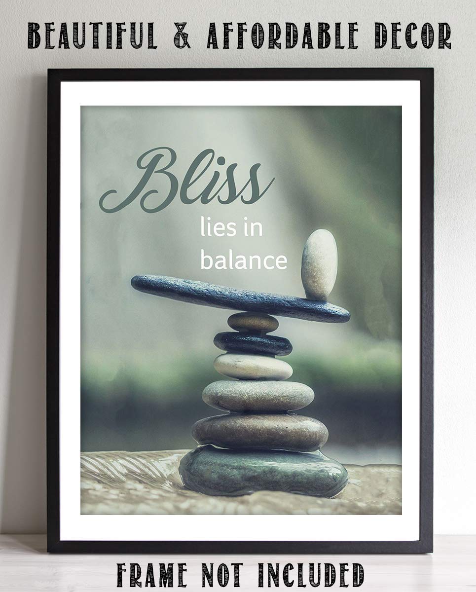 Bliss Lies in Balance- Motivational Wall Art Sign-8 x 10"- Modern Nature Photo-Graphic Print of Stacking Stones- Ready to Frame. Inspirational Home- Office- Classroom Decor. Great Reminder For All.