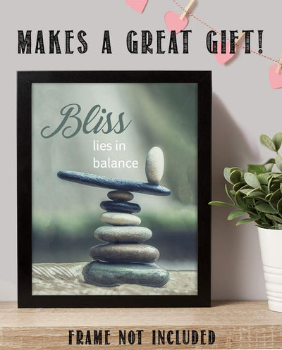 Bliss Lies in Balance- Motivational Wall Art Sign-8 x 10"- Modern Nature Photo-Graphic Print of Stacking Stones- Ready to Frame. Inspirational Home- Office- Classroom Decor. Great Reminder For All.