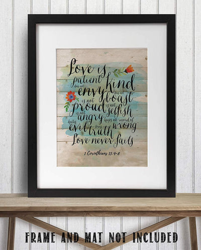 Love is Patient-Kind-Never Fails- 1 Corinthians 13: 4-8. Bible Verse Wall Art- 8x10" Modern Floral-Rustic Design. Scripture Wall Print-Ready to Frame. Home-Office-Church D?cor. Great Christian Gift!