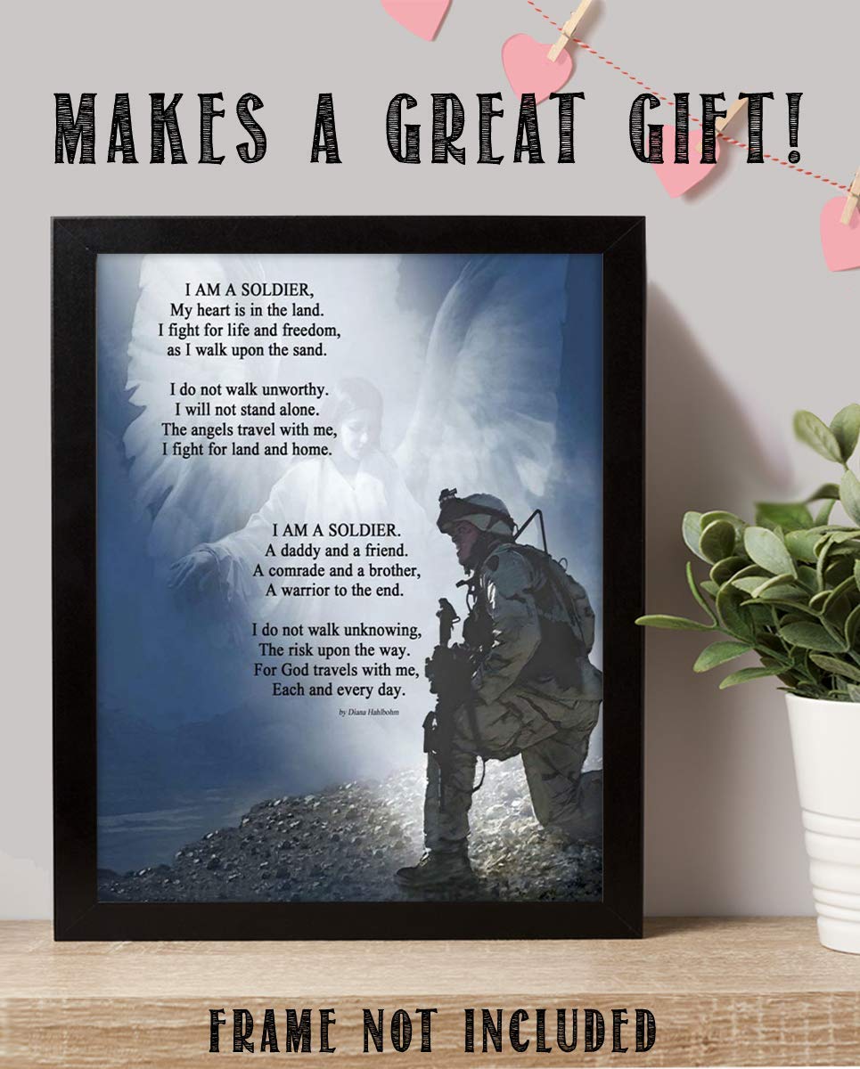 I Am a Soldier- Prayer Wall Art Print-8 x 10"-Ready to Frame. Soldier Kneeling w/Angels Protection. Home- Office D?cor- Christian Gifts. Inspiring &amp; Encouraging Quotes for All Military &amp; Family.