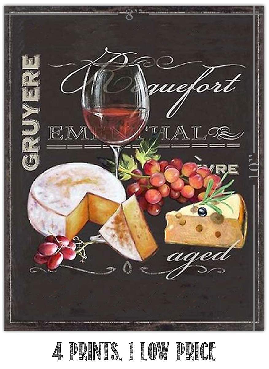 Wine &amp; Cheese Varieties Chalkboard Replica Prints Set (4)- 8 x 10"s Wall Art Prints-Ready to Frame. Home D?cor, Wine Decor &amp; Dining Wall Decor. Perfect For Wine Lovers &amp; Upscale Bars. Classy Addition!