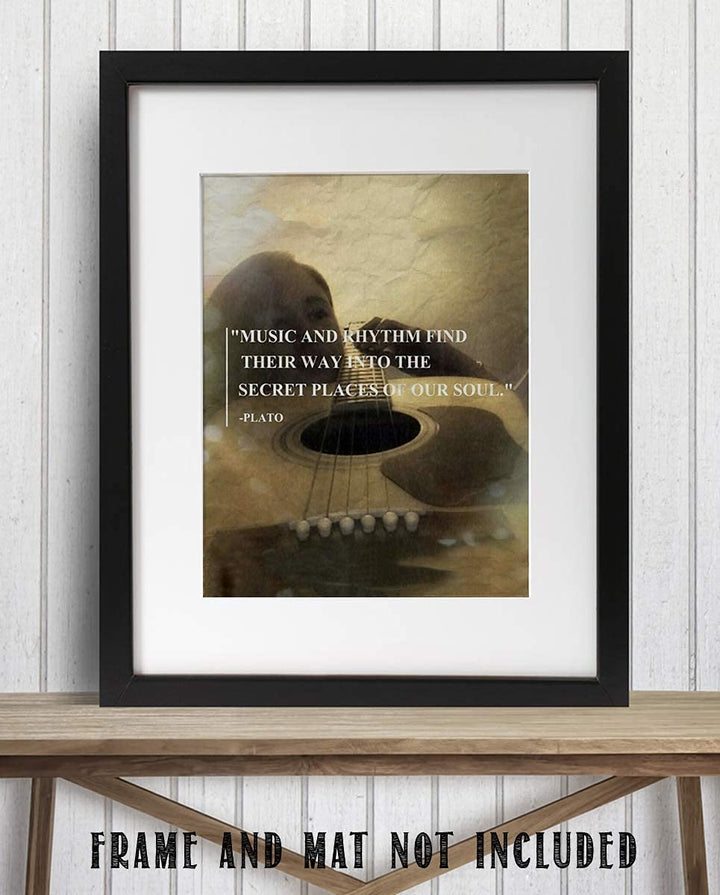 Plato Music Quotes Wall Art- 8 x 10" Wall Print-"Music &amp; Rhythm Find Their Way Into Our Secret Soul" Guitar Art-Ready to Frame. Home, Class &amp; Office D?cor. Perfect Gift for Inspiration &amp; Philosophy.