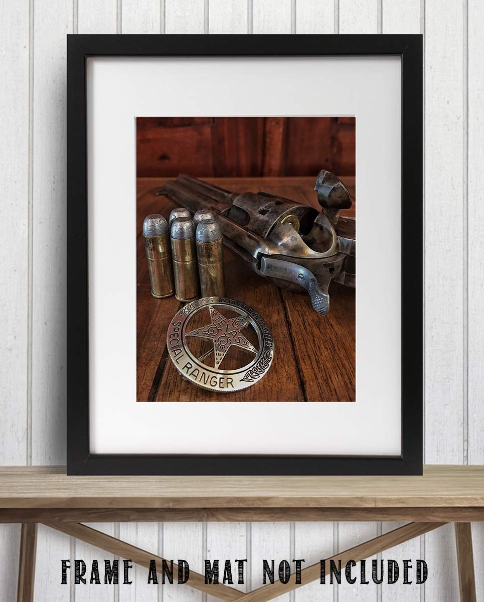 Texas Ranger Badge, Bullets &amp; Revolver- Western Photo Print- 8 x 10" Wall Art-Ready to Frame. Retro Western Decor for Home-Office-Garage-Man Cave-Bar. Perfect Collectible for Lawmen &amp; Outlaws.