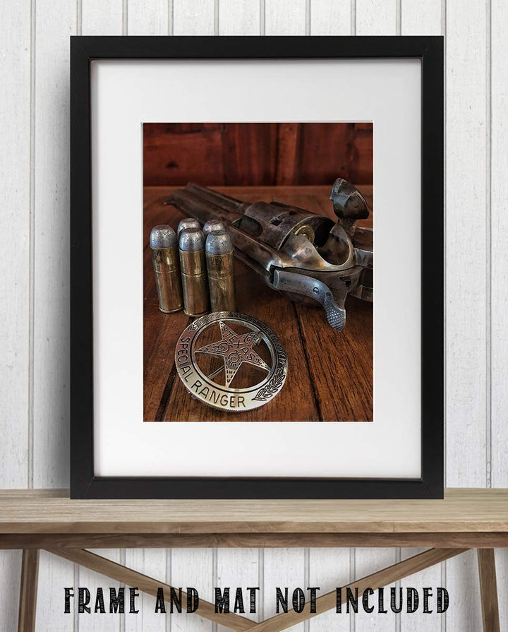 Texas Ranger Badge, Bullets &amp; Revolver- Western Photo Print- 8 x 10" Wall Art-Ready to Frame. Retro Western Decor for Home-Office-Garage-Man Cave-Bar. Perfect Collectible for Lawmen &amp; Outlaws.