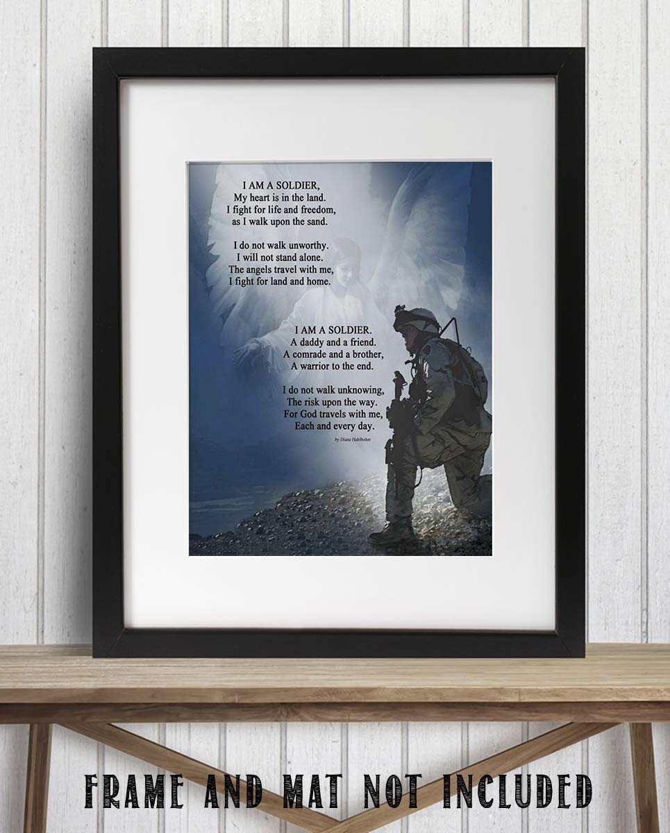I Am a Soldier- Prayer Wall Art Print-8 x 10"-Ready to Frame. Soldier Kneeling w/Angels Protection. Home- Office D?cor- Christian Gifts. Inspiring &amp; Encouraging Quotes for All Military &amp; Family.