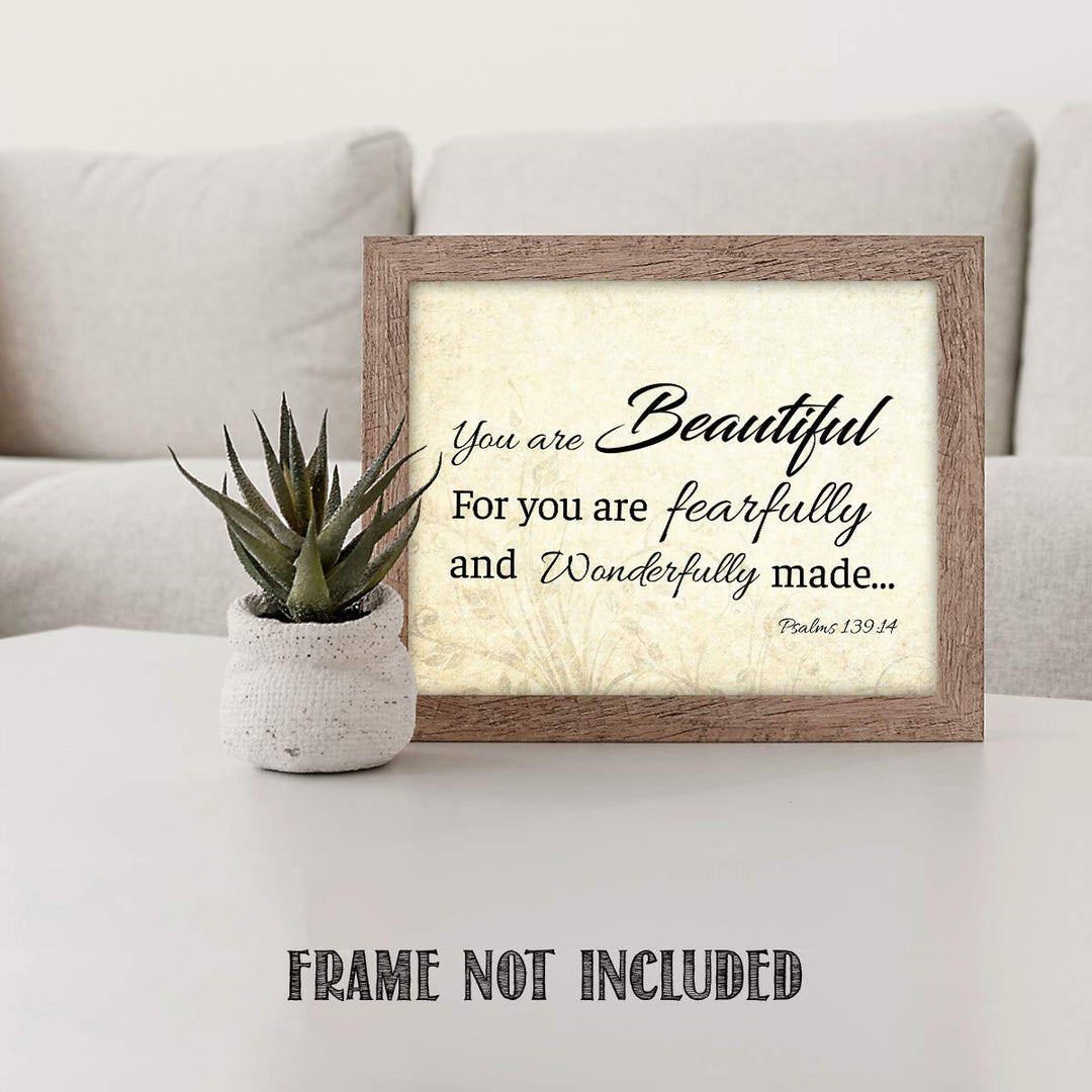 You are Beautiful. Fearfully &amp; Wonderfully Made-Psalm 139:14- Bible Verse Wall Art. 10 x 8"-Scripture Wall Print-Ready to Frame. Modern Typographic Floral Design. Home-Office D?cor. Christian Gifts.